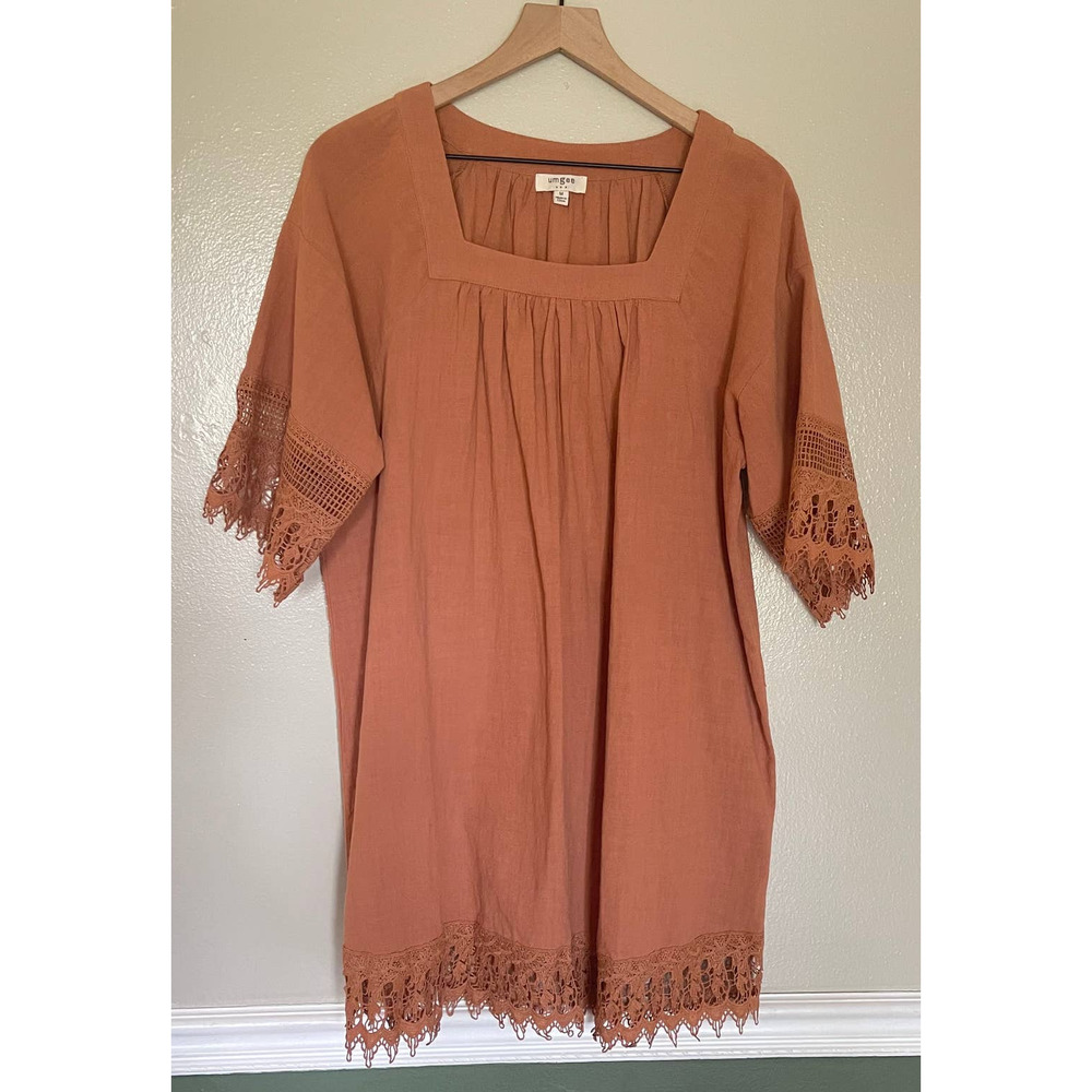 🛍️UMGEE Boho Square Neck Lace Trimmed Tunic Dress Rust Orange Size Medium🛍️